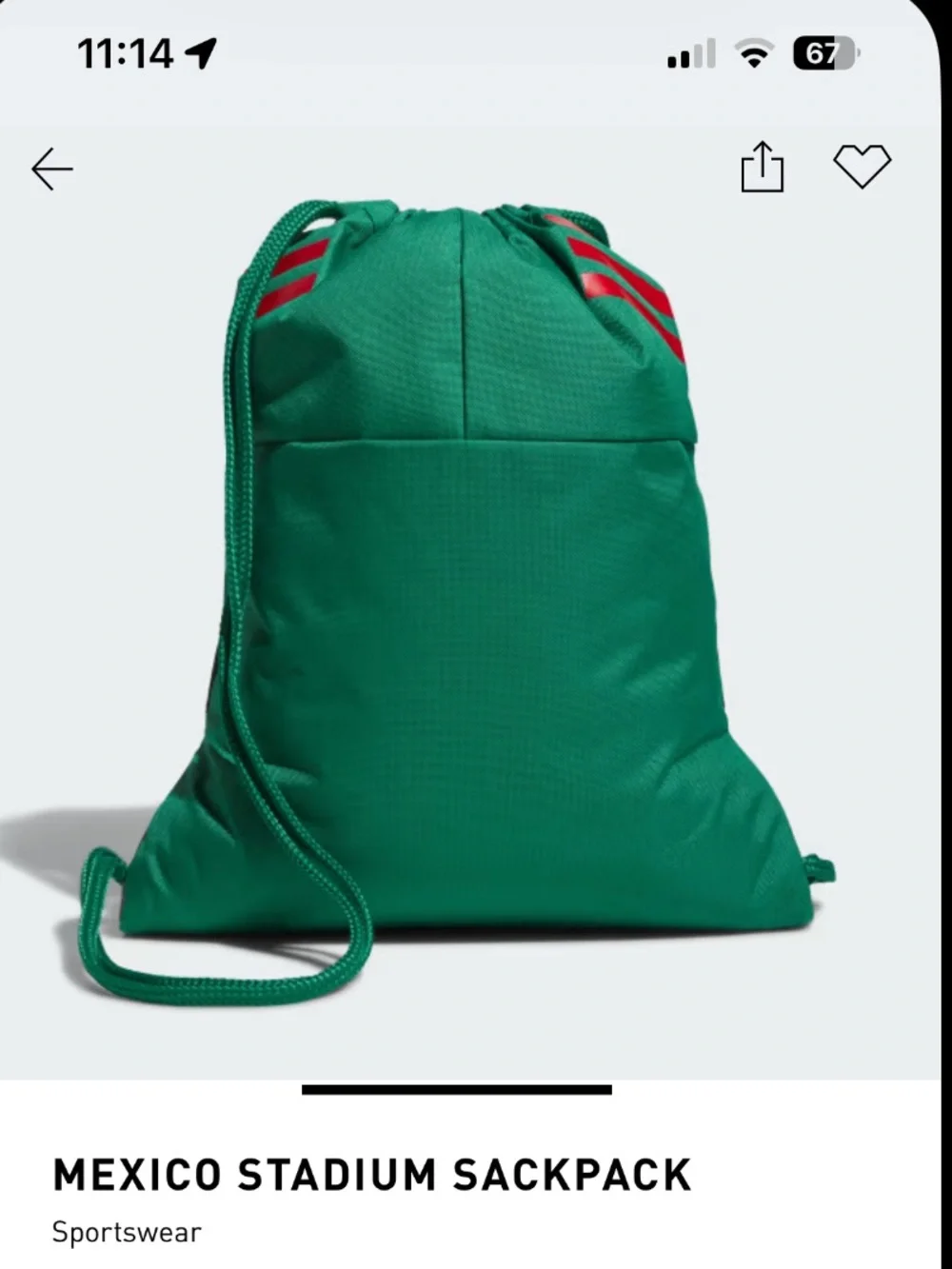 NWTS Adidas Mexico Stadium Sackpack in green with red stripes on the top